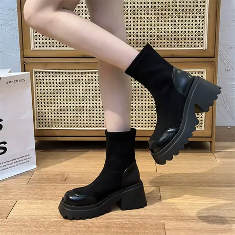 永希马丁靴女粗跟厚底瘦瘦靴2023年夏季配裙子套筒弹力靴黑色单靴图片