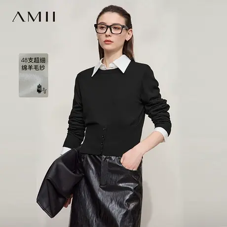 Amii2025秋新款极简知性通勤风圆领套头含羊毛合肩长袖收腰毛衣女图片