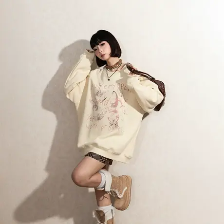 YEP复古直喷印花卫衣女春秋插肩袖打底衫宽松2025新款厚上衣加绒商品大图