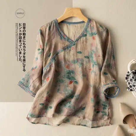 刺绣苎麻上衣文艺复古碎花设计感七分袖棉麻T恤薄款茶服2022新款图片