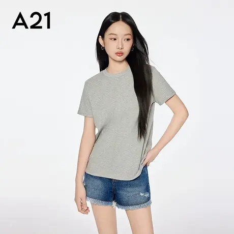 A21女装花灰针织套头棉T恤简约设计感光面短袖上衣图片