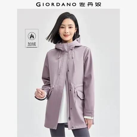 佐丹奴外套女装复合摇粒绒开叉束腰连帽中长款梭织软壳外套图片
