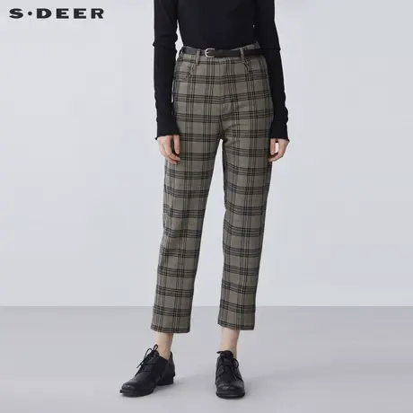 sdeer圣迪奥复古腰带格纹插袋宽松九分裤S21380837商品大图
