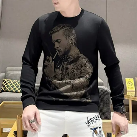 高档欧货男士长袖T恤加肥加大码卫衣打底衫潮流时尚烫钻男装上衣商品大图