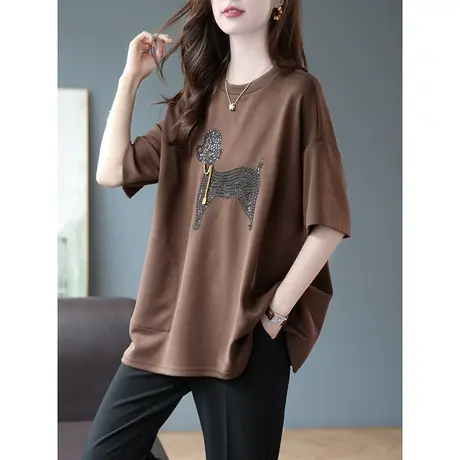 宝诗黎圆领亮片刺绣落肩五分袖T恤大码宽松上衣2023早秋新款女装图片