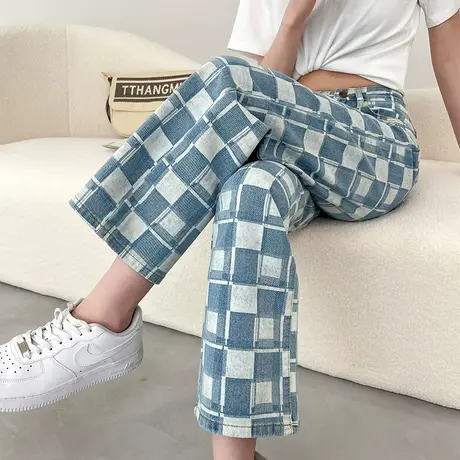 格子阔腿牛仔裤女春秋新款高腰窄版宽松显瘦ins小众小个子直筒裤商品大图