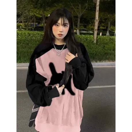 oversize撞色插肩袖卫衣女秋冬加绒加厚宽松慵懒风设计感上衣外套商品大图