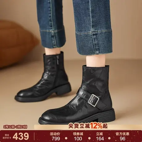 星期六2025新款英伦风皮带扣短靴女粗跟百搭机车靴厚底保暖马丁靴商品大图