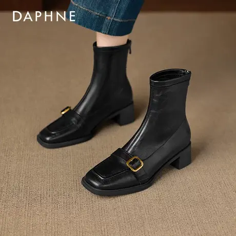 达芙妮黑色小短靴女2026新款冬季加绒法式马丁靴方头高跟瘦瘦靴子商品大图