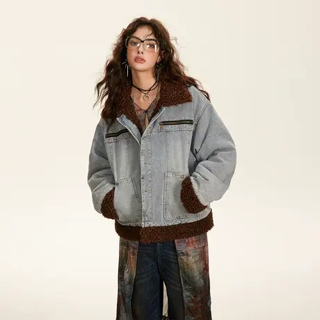 加厚冬天牛仔外套2023新款羊羔毛棉服女短款复古潮牌做旧宽松棉衣图片