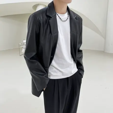 皮衣西装外套男2023秋季纯色复古高级感炸街痞帅机车服轻熟皮夹克商品大图