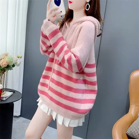 网红条纹连帽套头毛衣女秋冬2022年新款宽松慵懒风百搭休闲针织衫商品大图