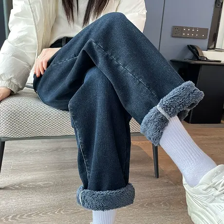 加绒牛仔裤女秋冬2023年新款宽松高腰阔腿直筒羊羔绒老爹哈伦裤子图片