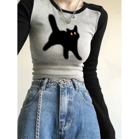 小个子短款撞色正肩T恤长袖女秋冬装德绒加厚保暖内搭打底衫上衣商品大图