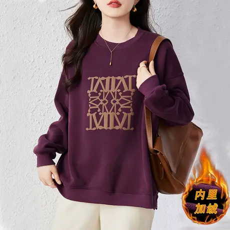 秋冬加绒加厚卫衣女宽松加大码女装中年妈妈印花减龄百搭显瘦上衣图片