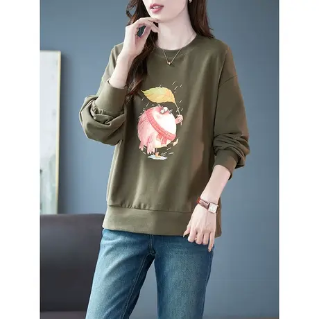 宝诗黎2023秋季新款圆领印花棉质慵懒内搭上衣女落肩长袖休闲卫衣图片