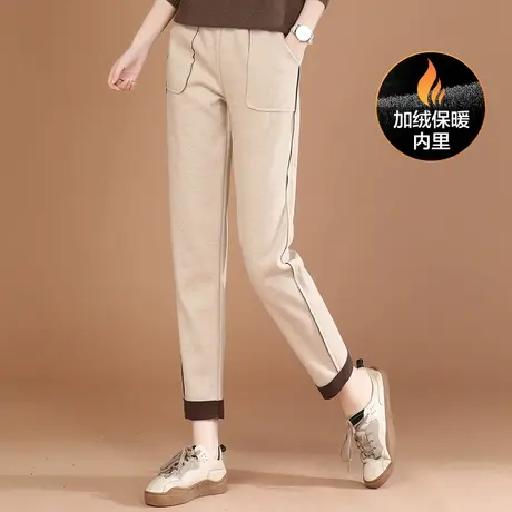 新品8.5折】松紧腰纯色拼接加绒休闲裤女宽松百搭哈伦裤子图片