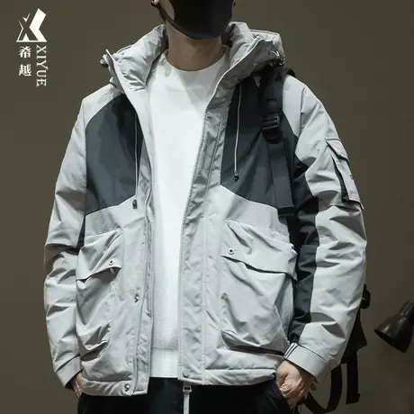 希越石墨烯内里加厚工装外套男秋冬潮牌拼接灰鸭绒羽绒服宽松大码商品大图