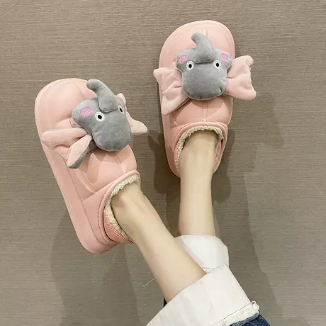 2022新款卡通可爱小飞象毛绒绒拖鞋女冬厚底加绒保暖棉拖鞋萌萌哒商品大图