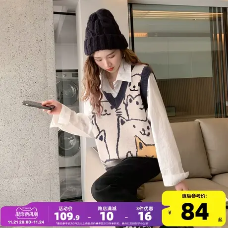 唐狮2023早秋款猫咪图案宽松V领毛衣背心新款套头软糯针织衫女PO图片