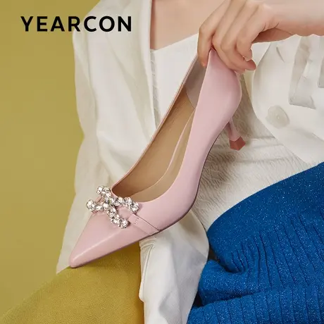 意尔康羊皮高跟鞋女尖头2024春季新款职业工作气质浅口细跟单鞋女图片