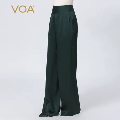 VOA真丝40姆米双面缎绿荫冉冉自然腰亲肤斜插口袋桑蚕丝直筒裤商品大图