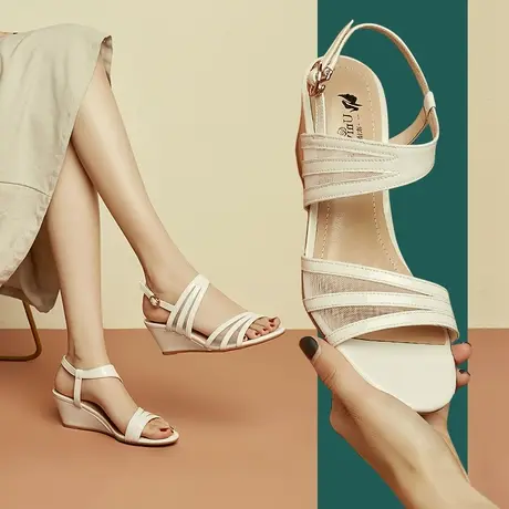 清仓女鞋鱼嘴白色真皮一字带凉鞋女夏坡跟高跟鞋舒适女鞋商品大图