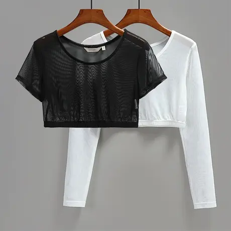 短款半截网纱外搭罩衫夏季镂空薄款长袖半透明吊带叠穿上衣女图片