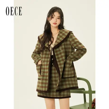 Oece复古格纹毛呢外套冬季新款女装设计感减龄气质呢大衣女商品大图