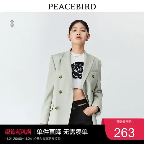 太平鸟双排扣西装外套女2023春装宽松绿色女士西装质感高级奥莱图片
