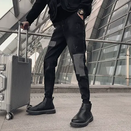 春秋男士牛仔裤裤子修身潮流弹力拼色潮牌快手百搭ins帅气小脚裤商品大图
