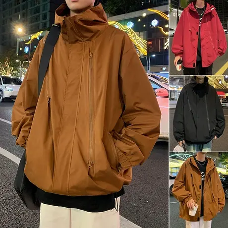 春秋季工装机能大码休闲连帽夹克男潮流新款美式复古拉链冲锋上衣图片