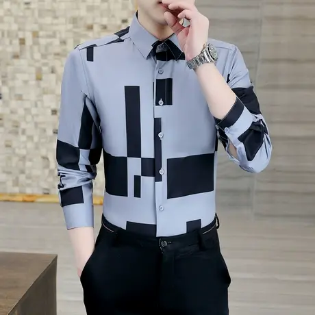 秋季衬衫男长袖潮流修身痞帅寸衫高级感男装韩版格子免烫时尚衬衣商品大图