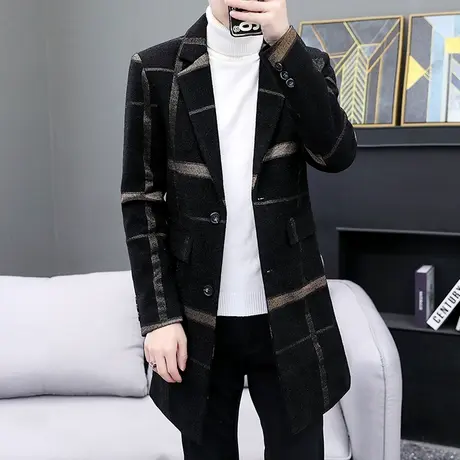 英伦毛呢风衣男士中长款秋冬季韩版休闲呢子外套潮流格子帅气大衣图片