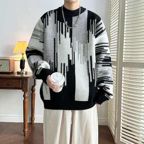 撞色毛衣男冬季加厚潮牌潮流针织衫宽松慵懒风毛衫外套帅气毛线衣商品大图