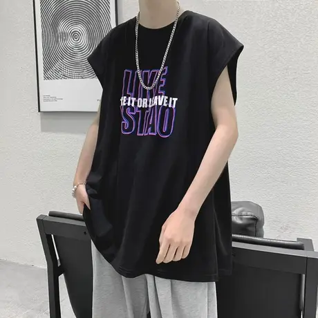 背心男夏季圆领薄款无袖T恤休闲运动港风宽松字母印花坎肩打底衫商品大图