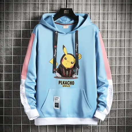春季2025新款男士连帽卫衣印花皮卡丘拼色百搭ins 时尚内搭上衣潮商品大图