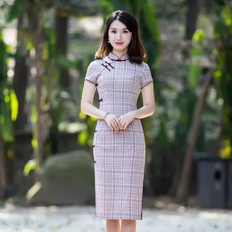 筠雅格子旗袍改良版连衣裙矮个子旗袍夫人短袖民国传统年轻款长裙图片