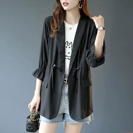 宝诗黎抽绳收腰黑色防晒衫西装领宽松春季外套女2025薄款上衣新款商品大图