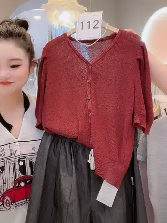 V领短袖纯色小衫女夏2023新款宽松显瘦设计感开衫针织百搭上衣洋商品大图