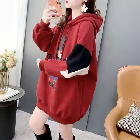 新年红色加绒加厚连帽卫衣女中长款2023秋冬新款宽松洋气减龄外套图片