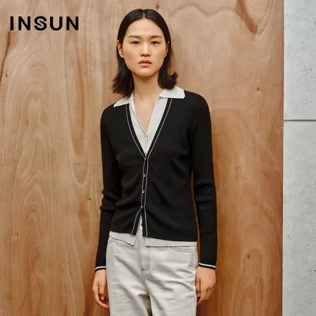 INSUN恩裳线上专选秋季假两件翻领毛针织衫图片