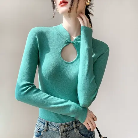 复古中国风针织打底衫女2023早春新款水滴领盘扣设计修身纯色上衣商品大图