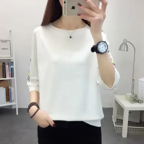 冰丝t恤女七分袖春夏2022新款宽松短款百搭短袖针织衫打底上衣女商品大图