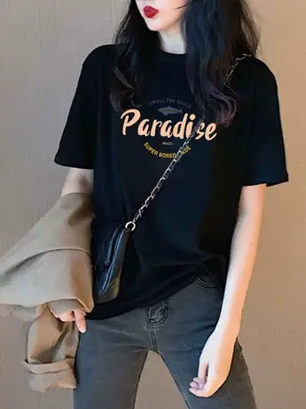 黑色印花短袖t恤女2024年夏季新款港味复古宽松纯棉半袖上衣ins潮商品大图
