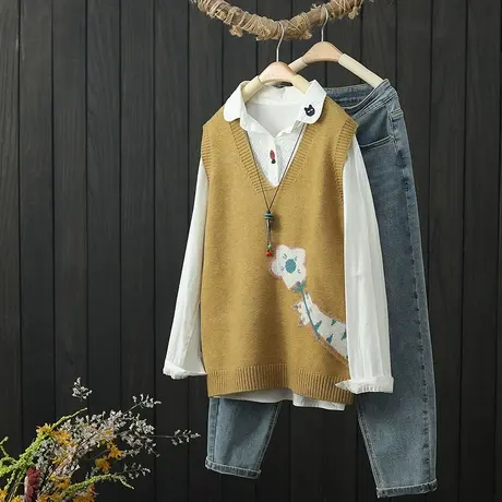 文艺范提花V领针织马夹女坎肩秋季外搭无袖毛衣背心宽松套头上衣图片