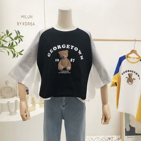 韩国东大门上衣2022春夏季新款ins复古拼色短袖减龄T恤宽松大版潮商品大图