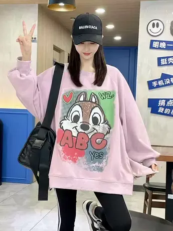 卡通字母印花圆领卫衣女2023秋季新款韩版宽松遮肉洋气上衣ins潮商品大图