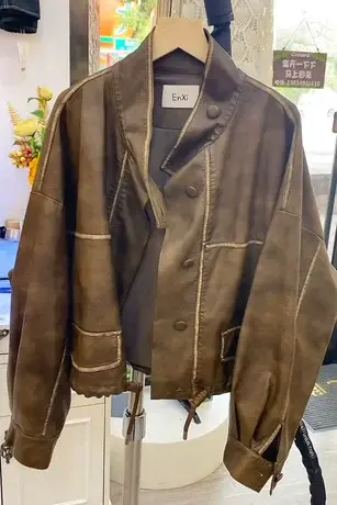 气质立领短款皮夹克外套女2023秋装新款抽绳高级感通勤明线皮衣潮图片