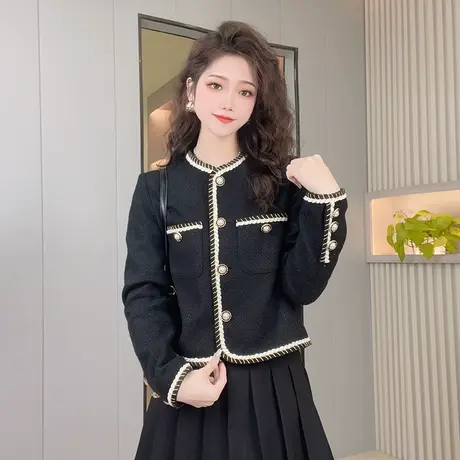 春季短款小香风外套女士黑色百搭上衣长袖单排扣开衫圆领显瘦上衣商品大图